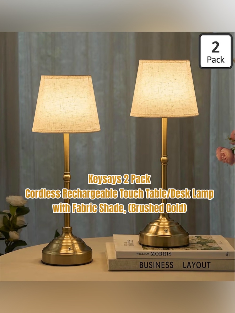 Brushed Gold Cordless Rechargeable Touch Table Lamp - 2 Pack (Gold)